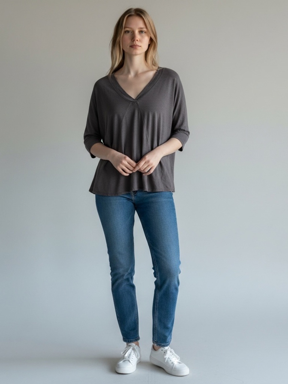 Mod-o-doc Slub Jersey 3/4 Sleeve V-Neck Tee women’s large lagenlook cotton